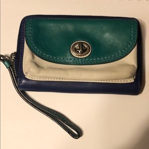 Blue, teal and white coach wallet